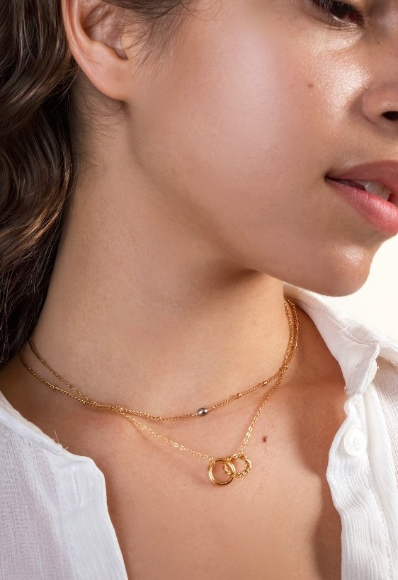 Collier acier doré double, 2 anneaux &amp; 1 keishi