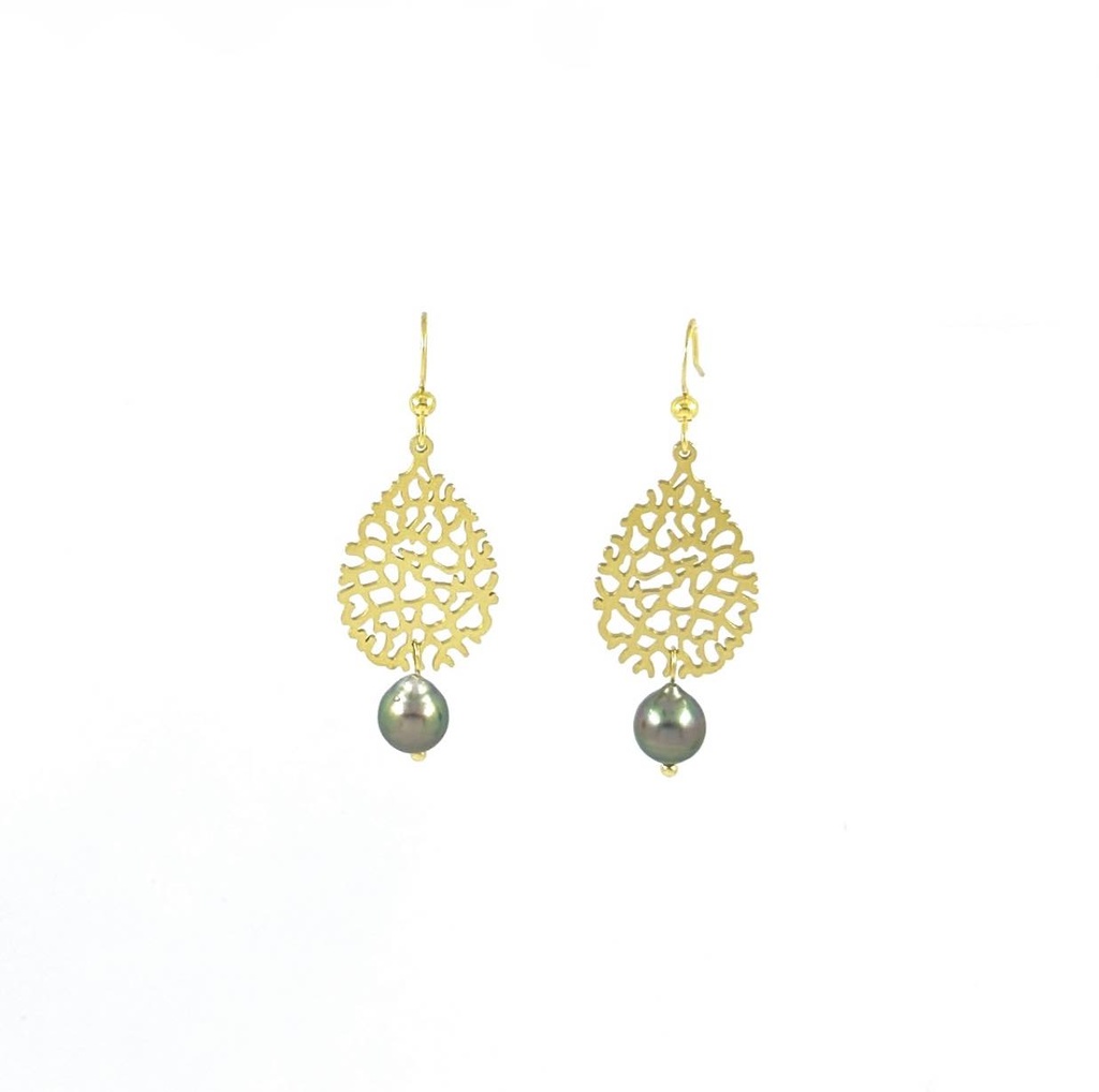 Boucles d'oreilles acier doré goutte ciselée et perle de Tahiti