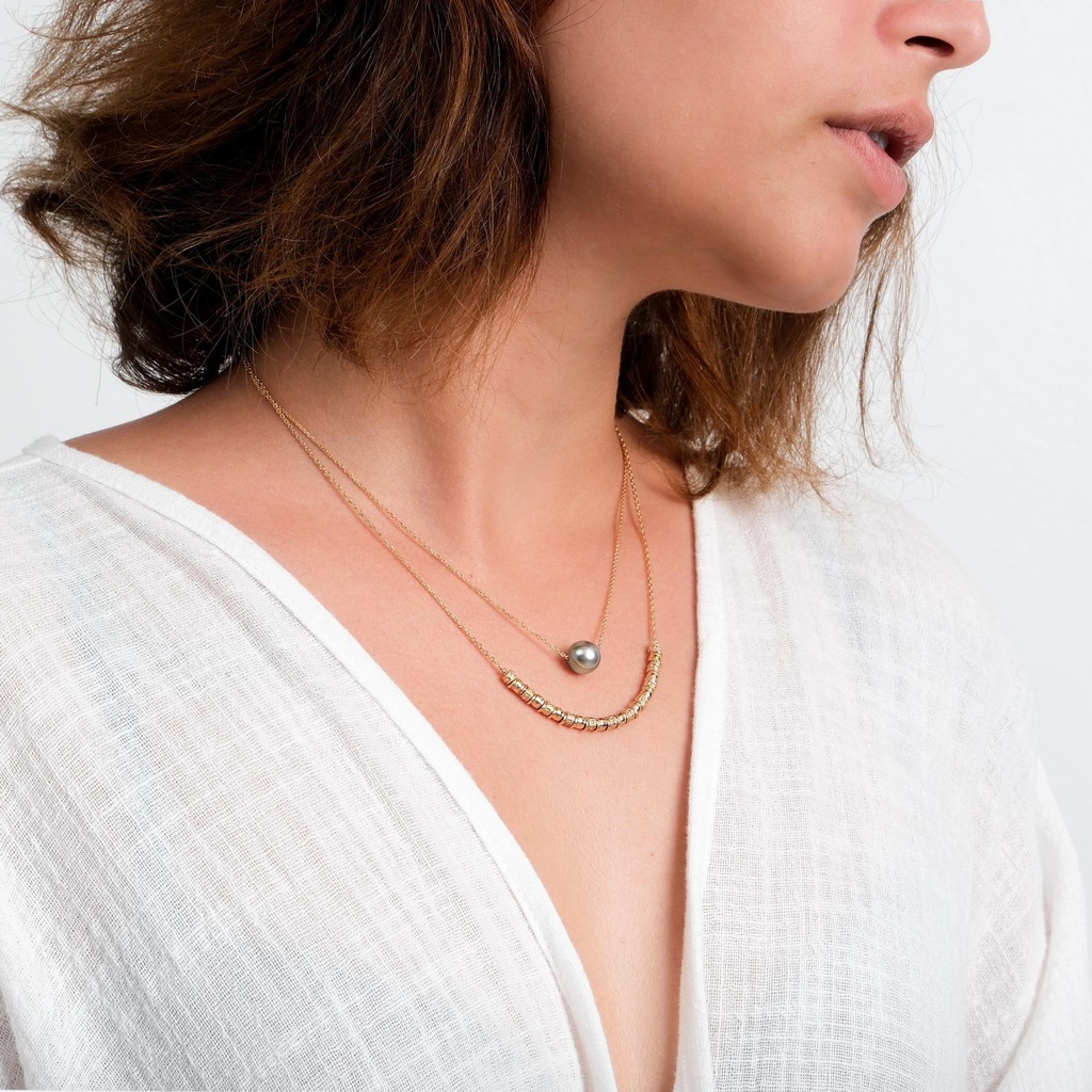 Collier double plaqué or Batik et perle de Tahiti