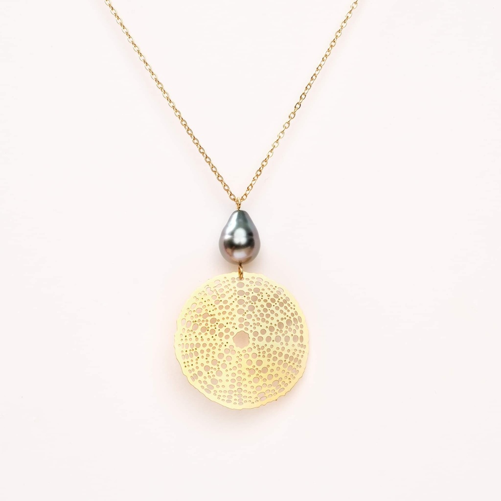 Collier Oursin en acier doré et perle de Tahiti