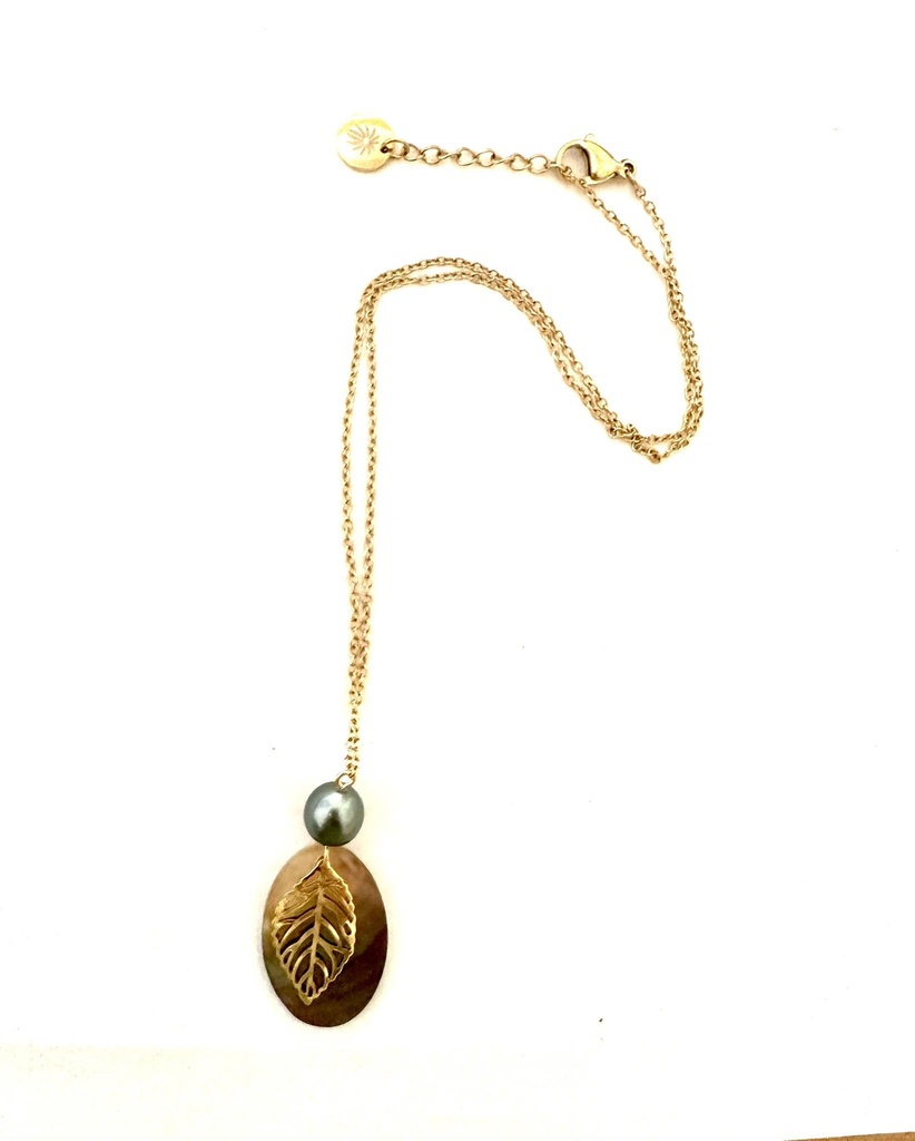 Pendentif acier doré Nacre, Feuille pointue et perle de Tahiti