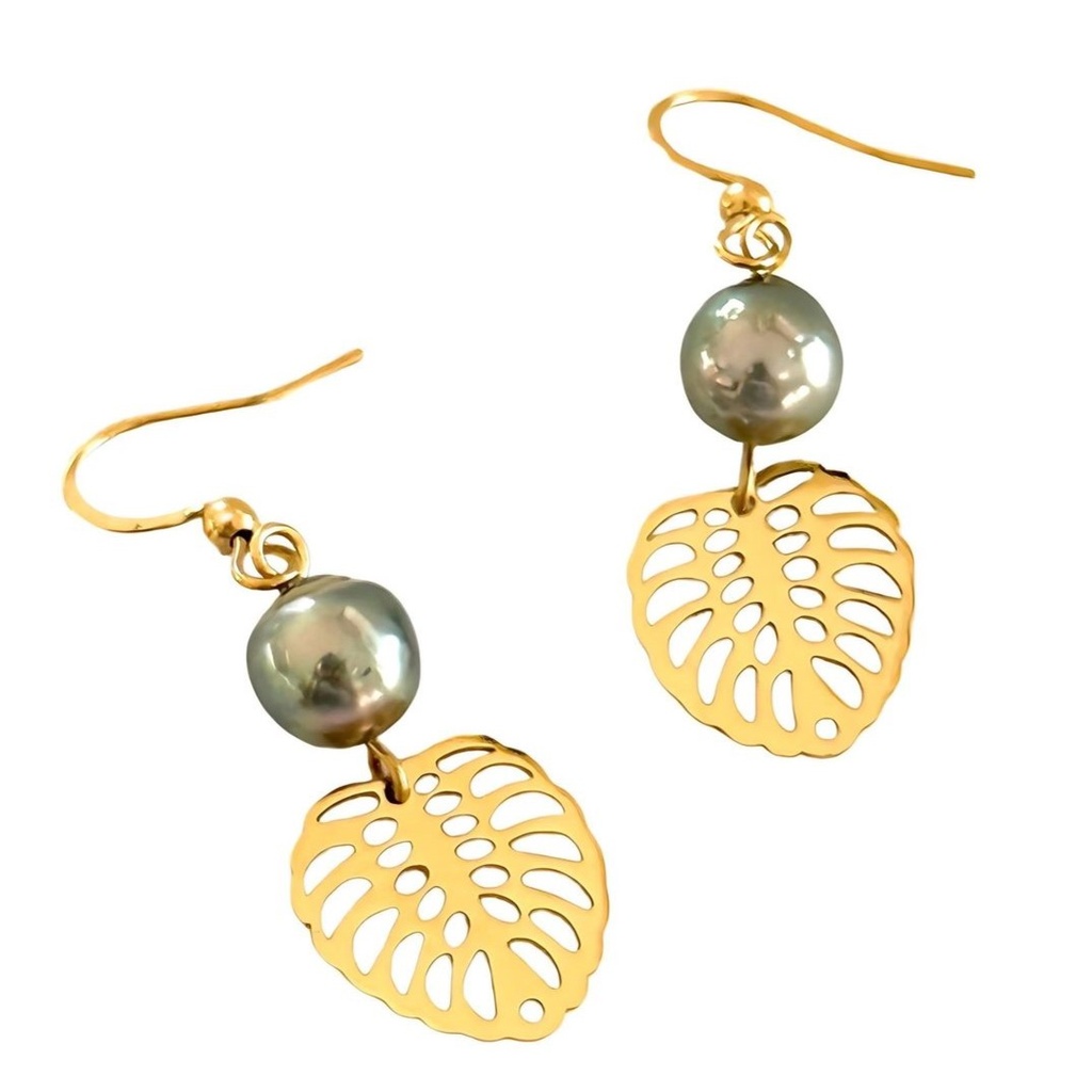 Boucles d'oreille Ape New et perle de Tahiti - acier doré