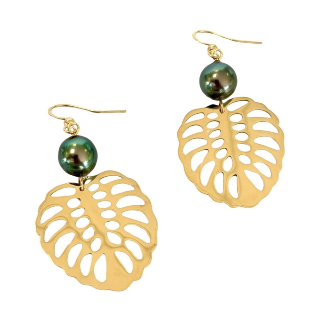 Boucles d'oreilles Ape New (grand format) et perle de Tahiti - acier doré