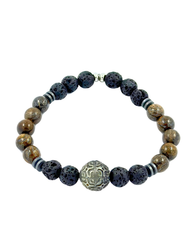BRACELET HOMME élastique BRONZITE/ PDL + perle gravée