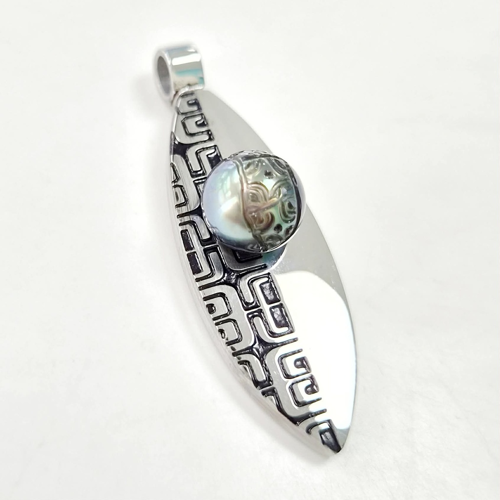 PENDENTIF SURF PERLE SEMI GRAVEE - acier