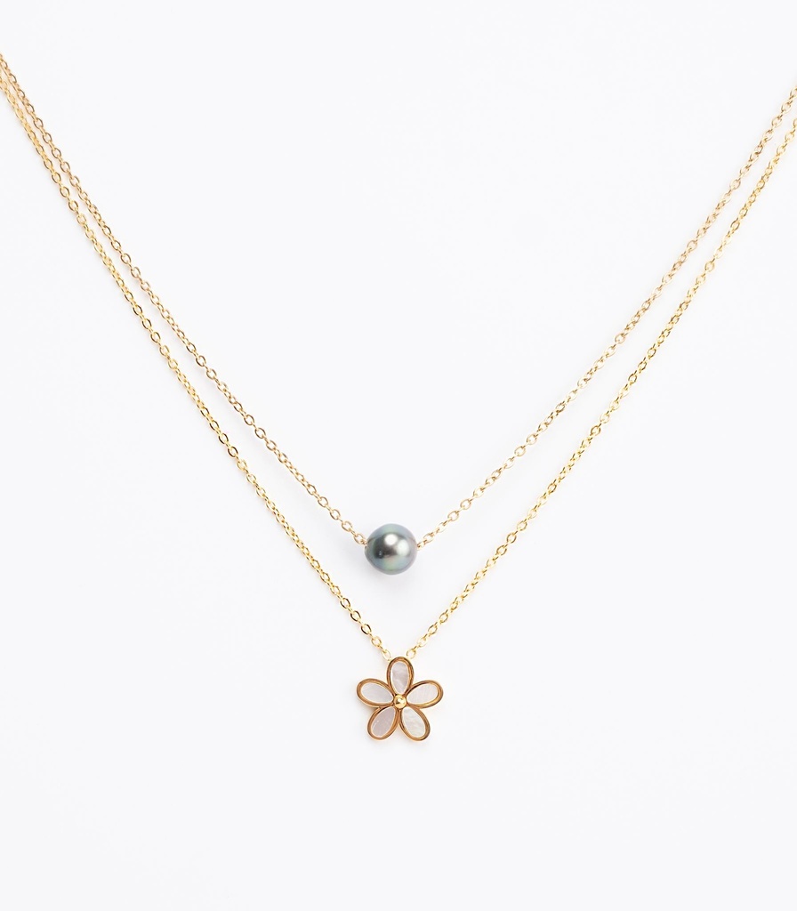 COLLIER DOUBLE RANG PERLE ET FLEUR NACREE - acier doré