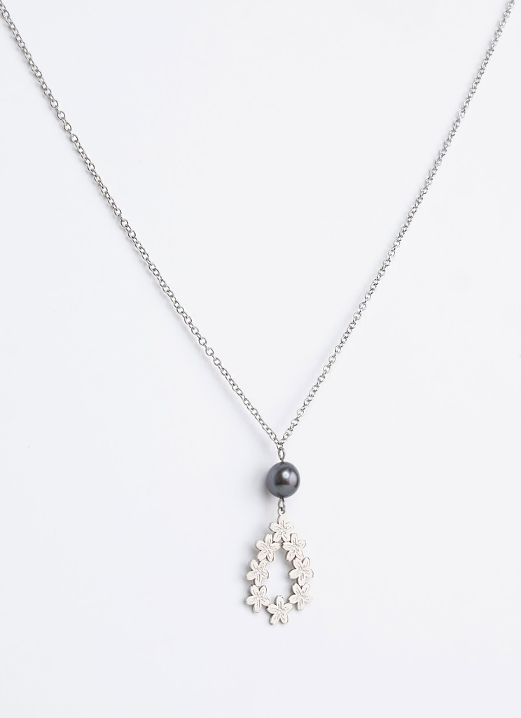 COLLIER GOUTTE FLEURS SAKURA ET PERLE - ACIER
