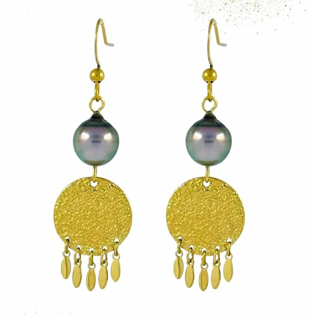 BOUCLES D OREILLE ROND BRELOQUES ET PERLE - ACIER DORE