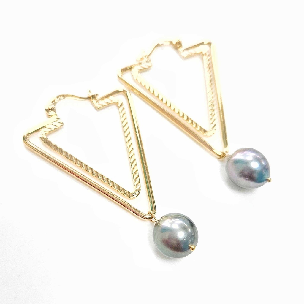 BOUCLES D'OREILLES plaqué or triangle + perle de Tahiti