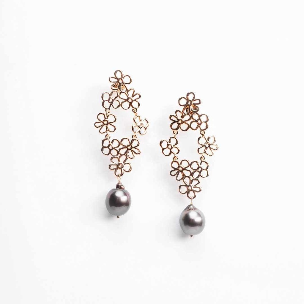 BOUCLES D'OREILLES plaqué or mini fleurs + perle Tahiti