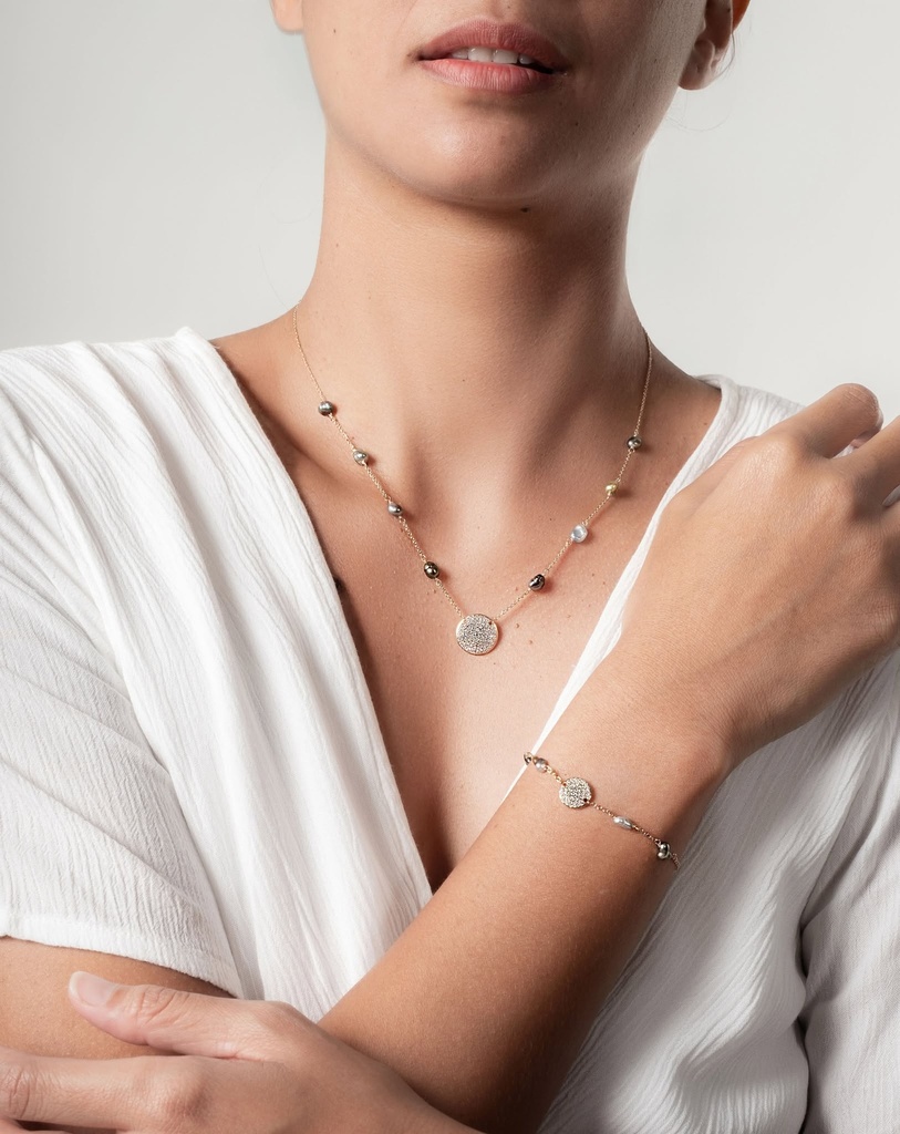 COLLIER ROND ZIRCONS ET KEISHIS - PLAQUE OR