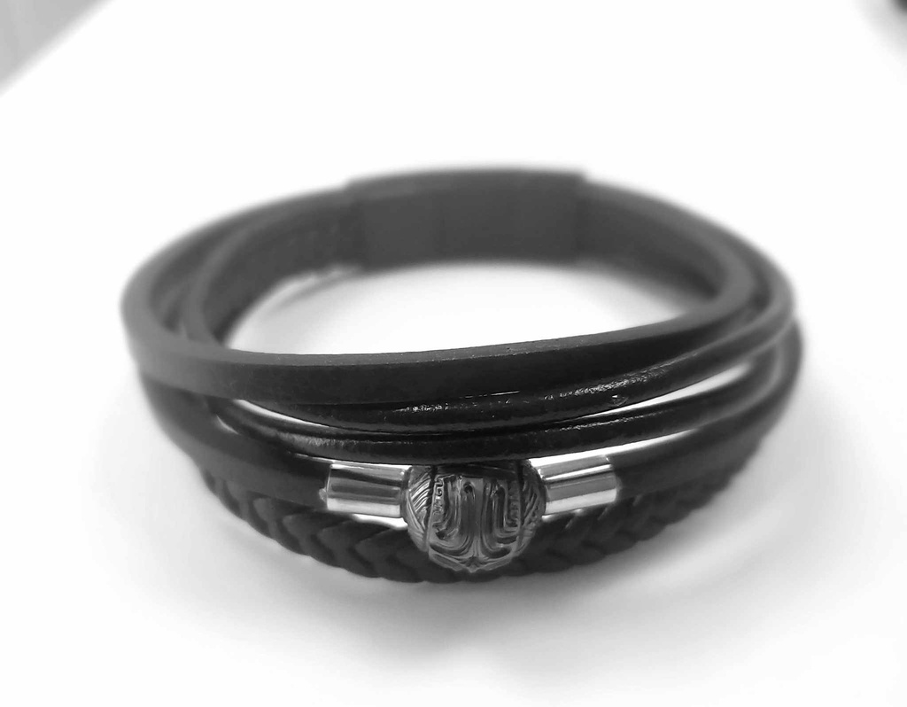 BRACELET HOMME 5 CUIRS PERLE GRAVEE