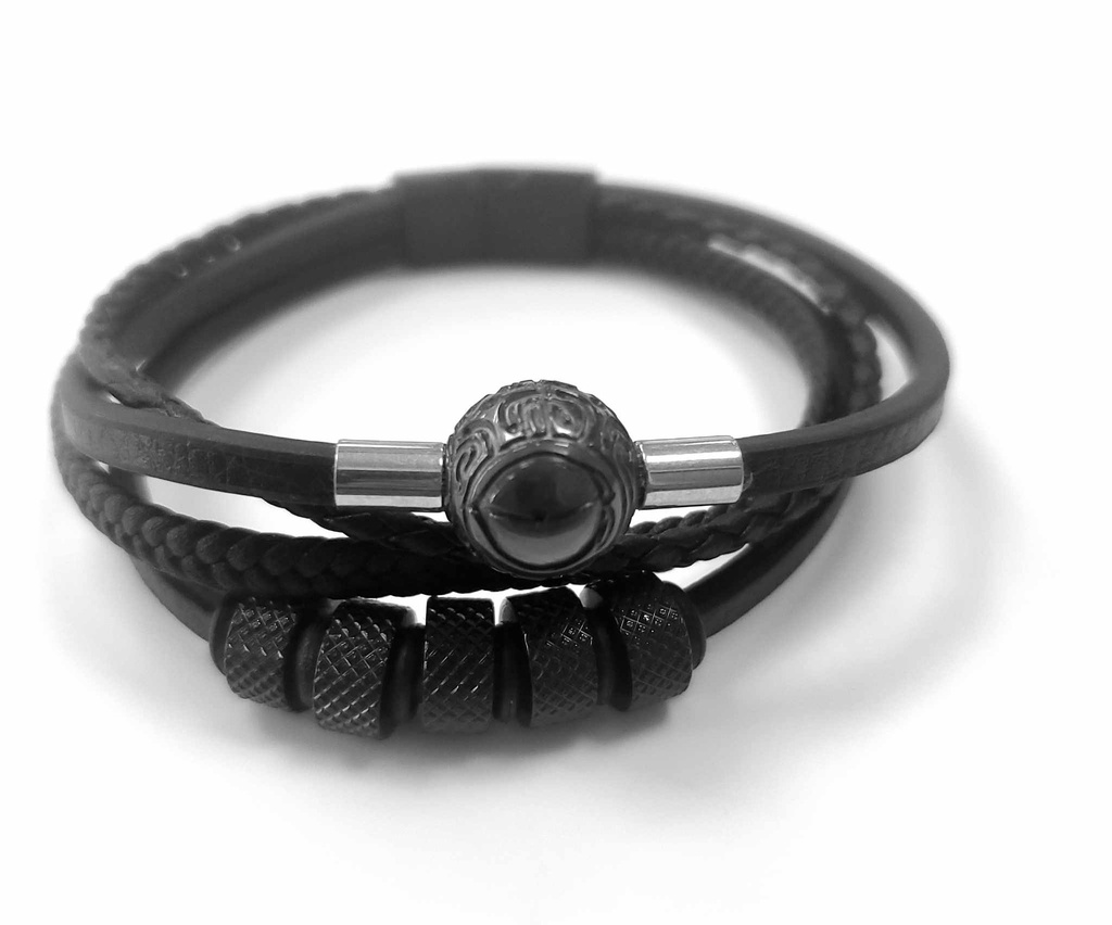 BRACELET HOMME 4 CUIRS PERLE GRAVEE