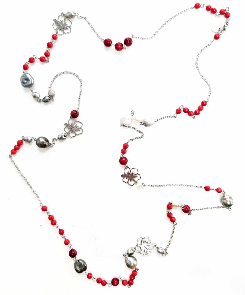 SAUTOIR HIBISCUS PERLES, KEISHIS ET PIERRES