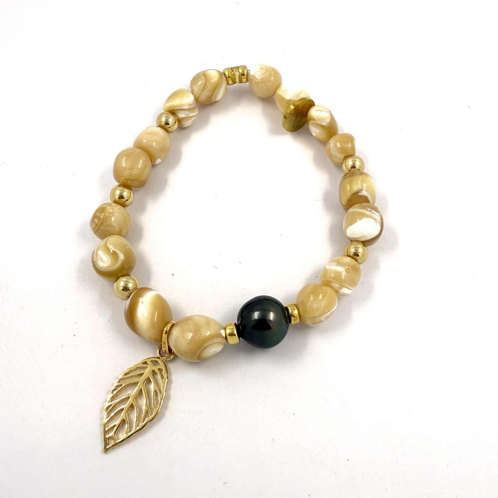 BRACELET élastique BURGO PERLE DE TAHITI ET FEUILLE -PLAQUE OR