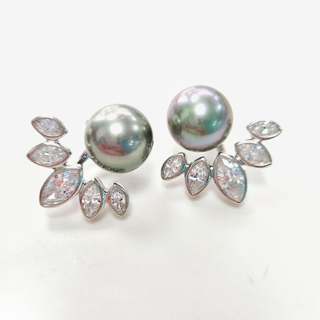 BOUCLES D OREILLES DIADEME ZIRCON MODULABLE AVEC PERLE DE TAHITI - ARGENT