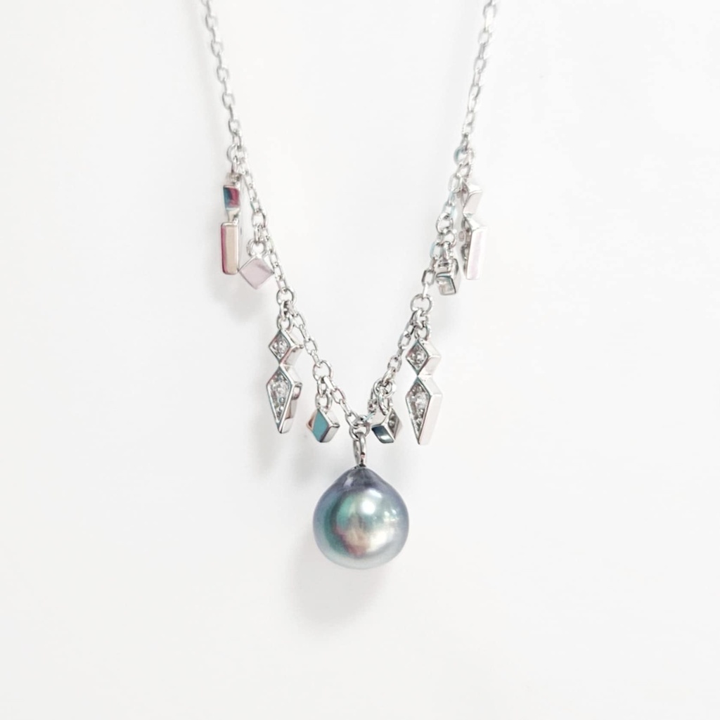 COLLIER BRELOQUES POINTES ZIRCONS &amp; PERLE DE TAHITI - ARGENT