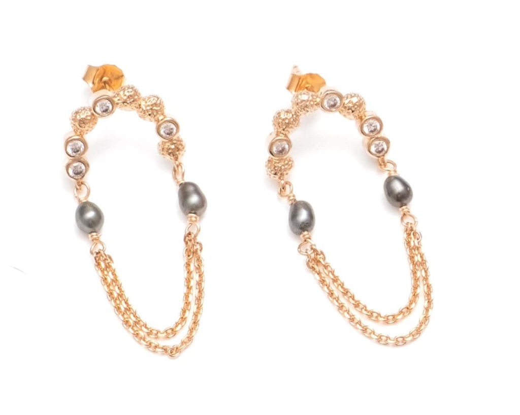 BOUCLES D OREILLES ARC DE ZIRCONS ET KEISHIS - PLAQUE OR