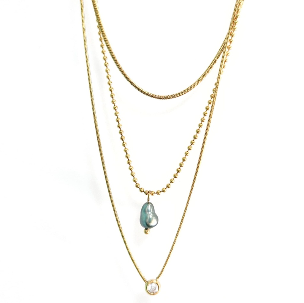 COLLIER TRIPLE RANG KEISHI - ACIER DORE