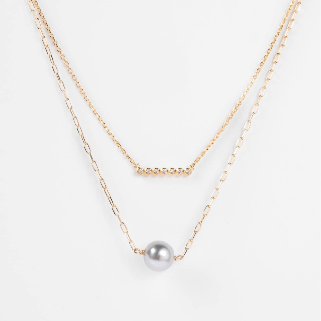 COLLIER DOUBLE BARRE ZIRCONS ET PERLE - PLAQUE OR