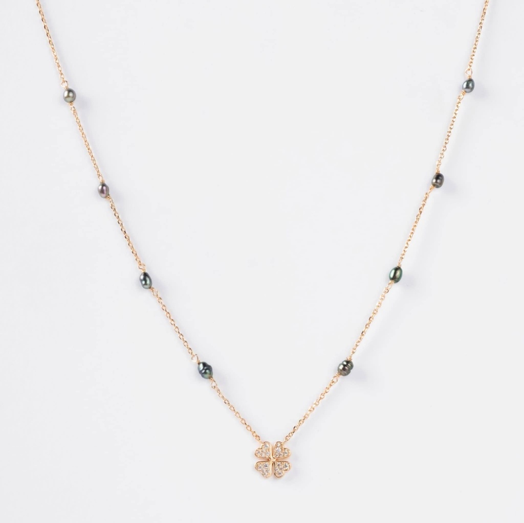 COLLIER TREFLE ZIRCONS ET 8 KEISHIS - PLAQUE OR