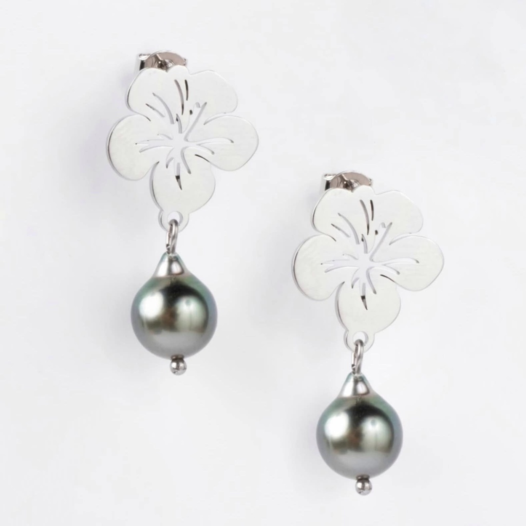 BOUCLES D OREILLES STUDS HIBISCUS ET PERLE - ACIER GRIS