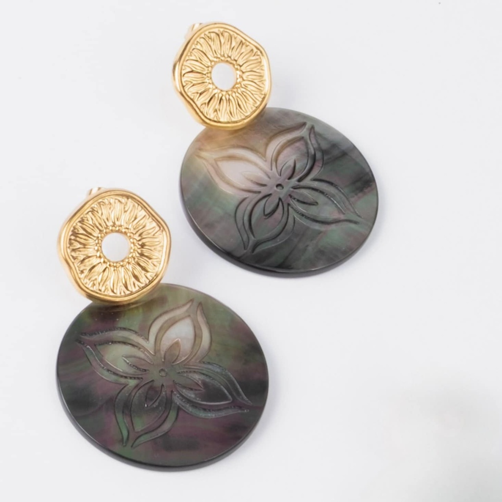 BOUCLES D OREILLES NACRES RONDES NEW FLOWER - ACIER DORE