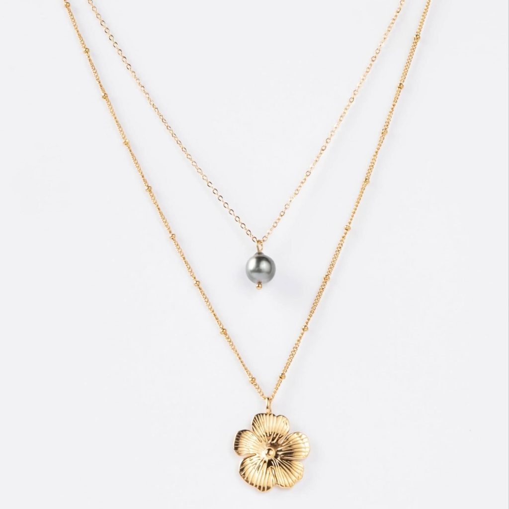 COLLIER DOUBLE PERLE ET FLEUR - ACIER DORE