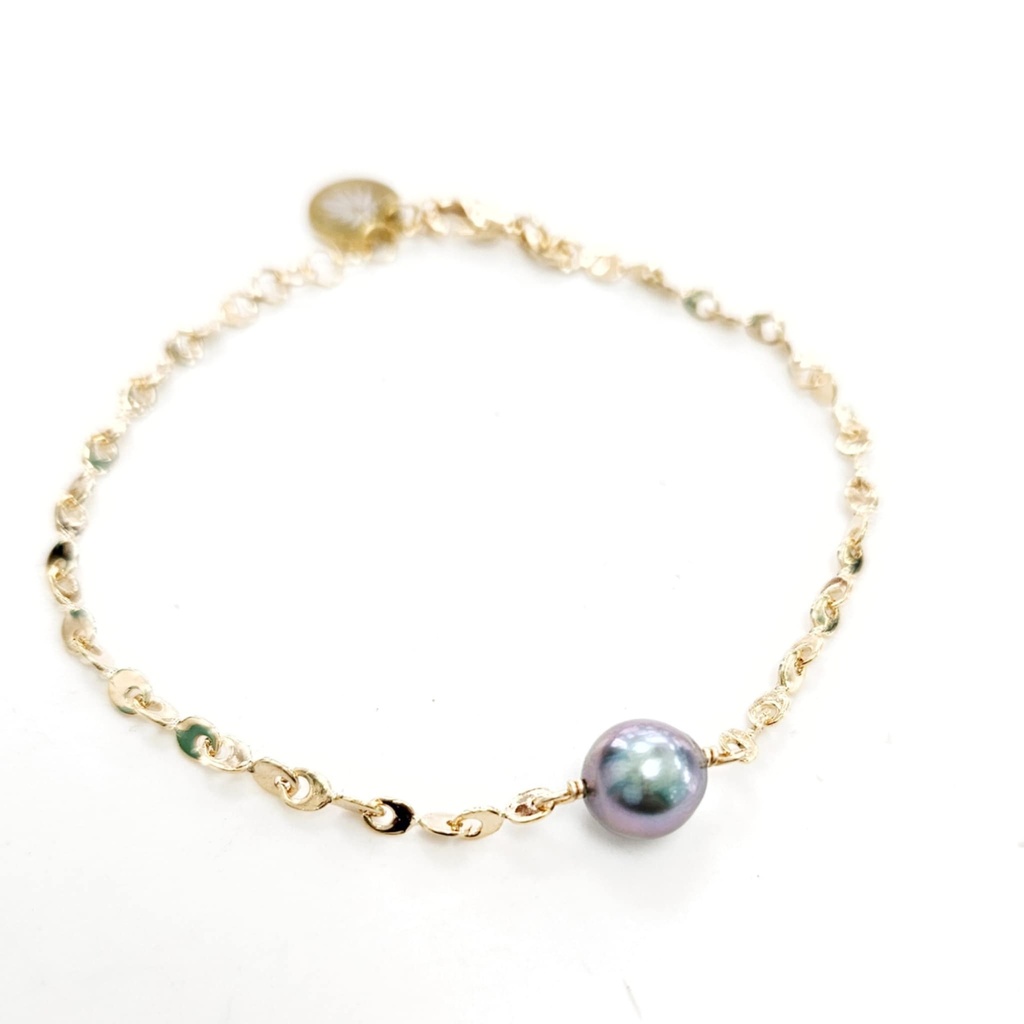 BRACELET MAILLES PLATES ET 1 PERLE - PLAQUE OR