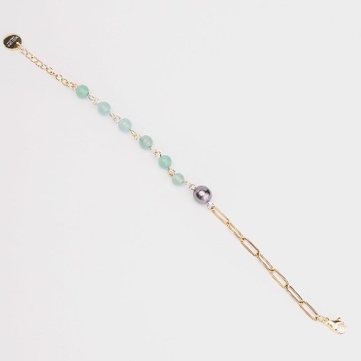 BRACELET 1 PERLE MAILLE RECTANGLE ET PIERRES VERTES - ACIER DORE