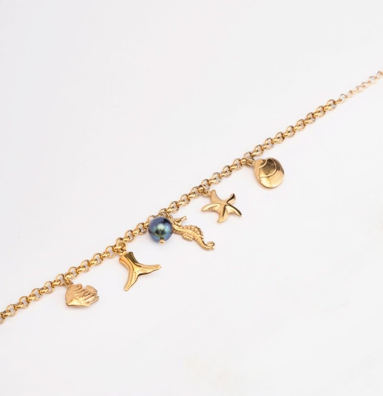 BRACELET BRELOQUES DE LA MER + 1 PERLE - ACIER DORE