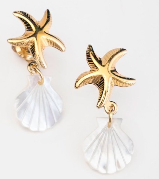 BOUCLES D OREILLES MINI ETOILE DE MER ET MINI NACRE SHELL - ACIER DORE
