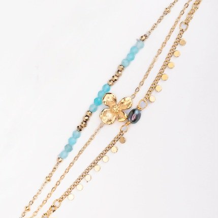 BRACELET FANTAISIE AZUR 3 RANGS + 1 KEISHI - ACIER DORE