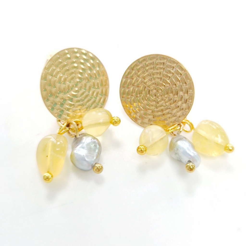 Boucles d'oreilles acier doré estampe + pierres jaunes + keishis