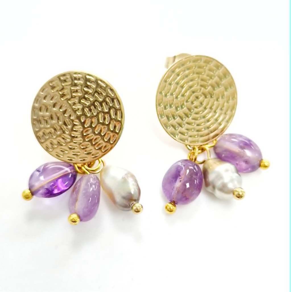 Boucles d'oreilles acier doré estampe + pierres violettes + keishis