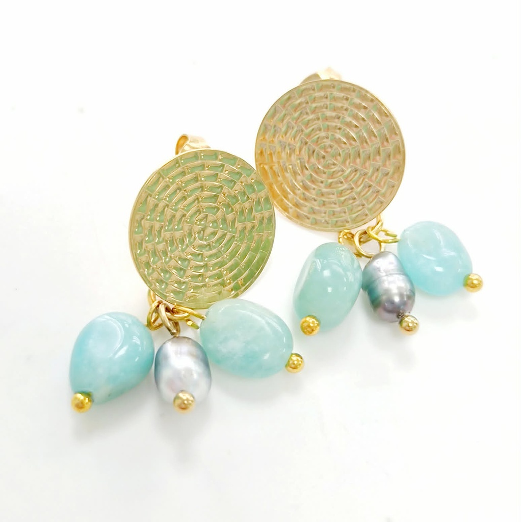 Boucles d'oreilles acier doré estampe + pierres turquoises + keishis