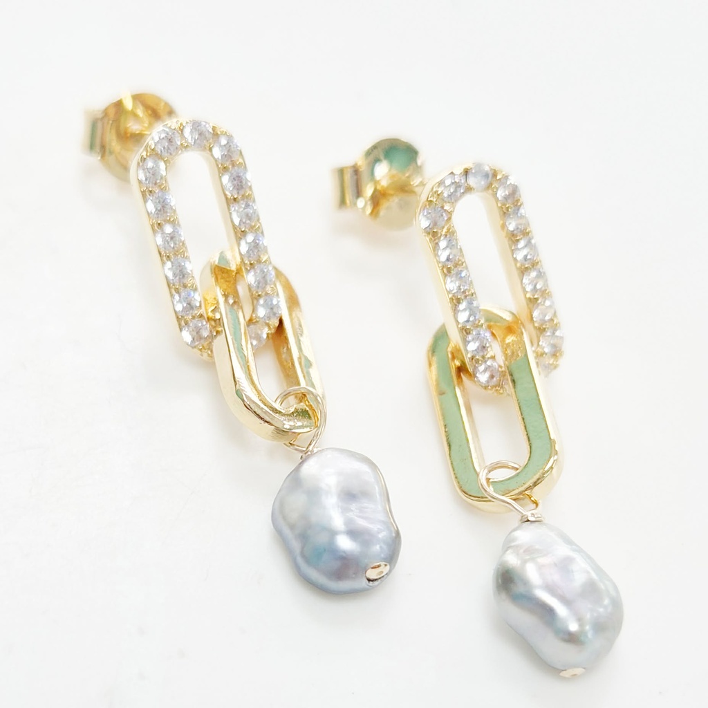 Boucles d'oreilles 2 rectangles zircons et keishis - plaqué or