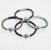 Bracelet cuir épais et Perle de Tahiti (marron ou beige)