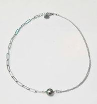 Collier acier 1 perle de Tahiti 1/2 chaine et mailles