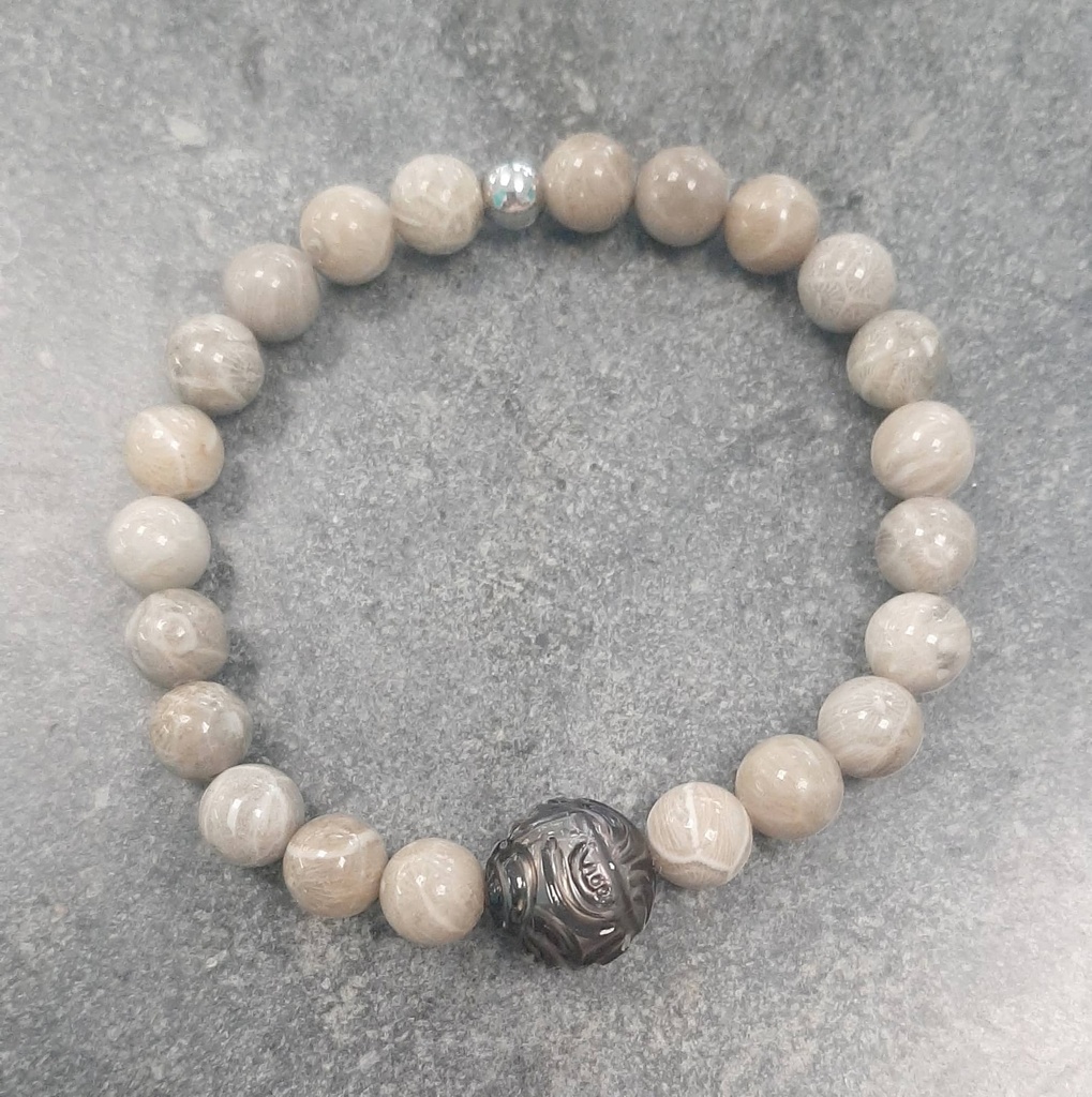 Bracelet elast. Homme Corail Fosil et Jaspe Perle Gravée