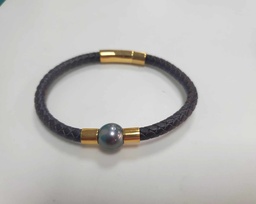 [BRJO1] BRACELET HOMME  CUIR acier doré +perle