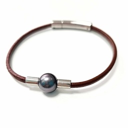 [BRHFC] BRACELET HOMME CUIR FIN LISSE MARRON ET PERLE