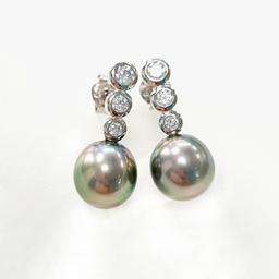 [3RZP] BOUCLES D OREILLES ZIRCONS RONDS ET PERLES DE TAHITI - ARGENT