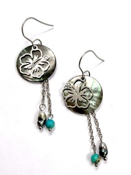 [BOHBT] Boucles d'oreilles Hibiscus, nacre, turquoises et keishis - acier inoxydable