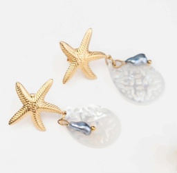 [STARNK] BOUCLES D OREILLES STARFISH NACRE ET KEISHI - ACIER DORE