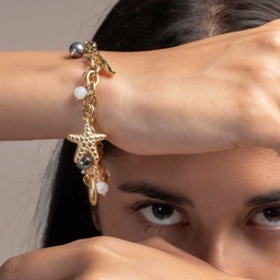 [BRSEAREN] BRACELET BRELOQUES DE LA MER ET 2 PERLES - ACIER DORE