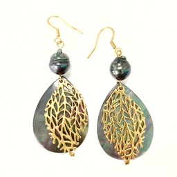 [BONF] Boucles d'oreilles acier doré feuillage, nacre et perle