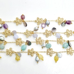 Bracelet acier doré fleurs + pierres + 3 keishis