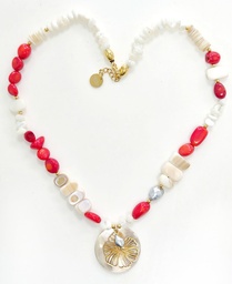 [COHIBIS] Collier en acier doré hibiscus + nacre + 2 keishis + corail teinté