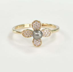 BAGUE PLAQUE OR FLEUR 4 PETALES ZIRCONS ET KEISHI